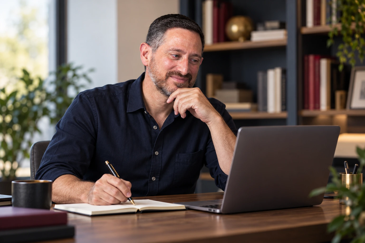 Rubén Colomo trabajando con una computadora y un cuaderno